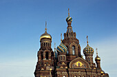 The richly decorated onion domes of the church of the Savior on Blood, St. Petersburg, Russia