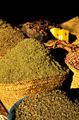 Spices in baskets at the souk, Marrakesh, Morocco, Africa