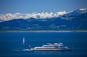 Swiss Alps behind Austrian Ferry, Lake of Constance, Bavaria Germany