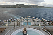 Queen Mary 2, View over quarterdeck to St. Thomas, Caribbean
