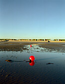 Low tide, small beach huts in the background, West Wittering, West Sussex, South England, England, Great Britain
