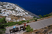 Touristen reiten auf Eseln, Santorin, Kykladen, Griechenland, Europa