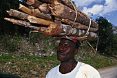 Mann traegt Brennholz, St. Ann Jamaika, Karibik