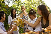 Cheerful people toasting each other in beer garden, Munich, Bavaria