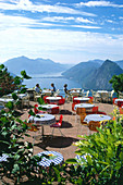 Cafe terrace above Lago di Lugano , Lugano, Ticino, Switzerland
