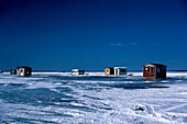 Ice Fishing, Cottages, St. Lawrence River, Winter Prov. Quebec, Canada