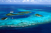 Aerial view of the archipelago Tobago Cays under clouded sky, Grenadines, Caribbean, America