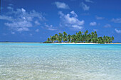 Insel Motu unter blauem Himmel, Atoll Rangiroa, Tuamotu Inseln, Französisch Polynesien, Südpazifik, Ozeanien