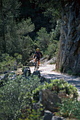 Man riding mountain bike up a steep path, Tramuntana, Majorca, Spain, Europe