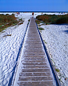 Holzsteg am Strand unter blauem Himmel, Dueodde, Bornholm, Dänemark, Europa