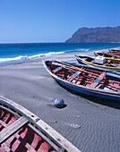 Fishing boats on the beach under blue sky, Baia de Sao Pedro, Sao Vicente, Cape Verde, Africa
