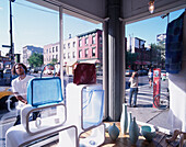 View through the showcase of Spacial Etc. Boutique at the street, Brooklyn, New York City, USA, America
