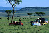 Fruehstueck in Steppe nach Ballonflug, Transwold Safaris, Gnus in Distanz Masai Mara Nat. Reserve, Kenia