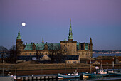 Renaissance castle Kronborg and harbour at night, Helsingor, Seeland, Denmark