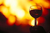Glass of red wine in front of fire place