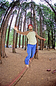 Funambulation in Camp 4, Man balancing on a rope, tightrope walking, Yosemite Valley, California, USA