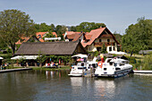 Houseboats at Fishing Hut, Houseboats at fishing hut, Zechliner Fischerhuette, Lake Grosser Zechliner See, Mecklenburgian Lake District, Germany