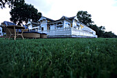 Lawn chairs on the grass, garden furniture, outside Kro, Ballebro Fargekro, Blans, Southern Jutland, Denmark