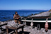 Älterer Mann, Wahlfängerkostüme, die Fischfangstation des 19 Jahrhundert, Bolungarvik, Island