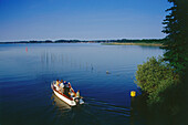 Motorboat near Vipperow, Mueritz Lake, Mecklenburgian Lake District, Mecklenburg-Western Pomerania, Germany