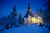 Illuminated Church in Seiffen, Ore Mountains, Saxony, Germany