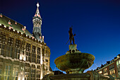 Town hall and Karlsbrunnen at night, Aachen, North Rhine-Westphalia, Germany