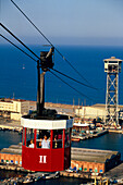 Cable Car Barcelona, TransbordadorAeri, cable car over harbour and Torre de Sant Sebastia, Barcelona, Catalonia, Spain