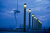 Tower Illumination Sculpture Barcelona, Palau St. Jordi and Sculpture Torre de Calatrava, Montjuic, Barcelona, Catalonia, Spain