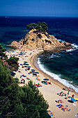 View from the cliff towards the beach, Cap Roig, near Platja d'Aro, Costa Brava, Catalonia, Spain