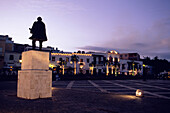 Nicolas de Ovando Statue and restaurants at Plaza de la Espana, Santo Domingo, Dominican Republic, Caribbean