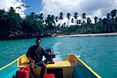 Man, Motorboat, Transport, Boat Transport Playa Rincon, Las Galeras, Samana Peninsula, Dominican Republic