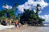 Couple, Beach, Palm Trees, A couple is walking along the beach at Cayo Levantado, Bahia de Samana, Dominican Republic