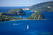 Bay, Terre-de-Haute, Les Saintes, Aerial view of Terre-de-Haute harbour, Les Saintes Islands, Guadeloupe, Caribbean Sea, America