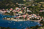 Aerial View of Terre-de-Haute with harbour and bay, Les Saintes Islands, Guadeloupe, Caribbean Sea, America