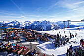 People in front of ski hut, Olang, Kronplatz, Plan de Corones, Dolomites, South Tyrol, Italy, Europe