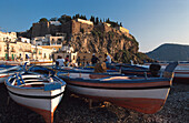 Fishing boats on the beach at Marina Corta, Lipari, Lipari Island, Aeolian Islands, Italy