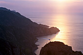 Boat, coast, sunset, Les Calanche, near Porto, West coast, Corsica, France