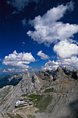 View from Karwendelspitze to mountain station, Bavaria, Germany