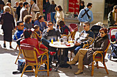People in a street cafe, Placa Major, Palma de Mallorca, Mallorca, Spain