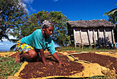 Frau trocknet Nelken, Ste Marie, Madagaskar