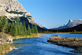 River flowing through a mountain landwscape, Bow River, Rocky Mountains, Alberta, Canada