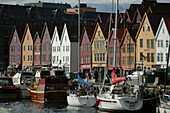 Row of wooden houses in the harbour district, Vagen, Brygge, Bergen, Hordaland, Norway