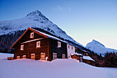 Chairlift Ballunspitzbahn, Farmhouse near Galtuwer, dawn, Ballunspitze in back, Galtuer, Tirol, Austria