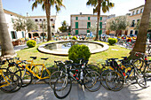 Bicycles on the plaza, Petra, Majorca, Balearic Islands, Spain