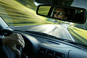 Alpine road taken through the front windscreen, Transportation, Bavaria, Germany