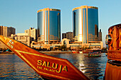 Floating Restaurant, Saluja, on Dubai Creek, Deira Twin Towers in the background, Dubai, United Arab Emirates, UAE