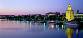 Townscape with Torre del Oro, Moorish watchtower at the ancient river port, Opera house, Guadalquivir River, Sevilla, Seville, Andalusia, Spain