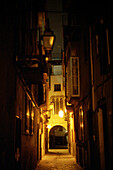 Illuminated alley at night, Palma de Mallorca, Mallorca, Spain, Europe