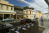 View through window, interior of cafe, Historic Thorndon, Wellington, inner city suburb, Thorndon, cafe, through window, capitol, Wellington, North Island, New Zealand