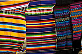 Hand loomed cloths on the market at St. Domingo, San Christobal, Chiapas, Mexico, America